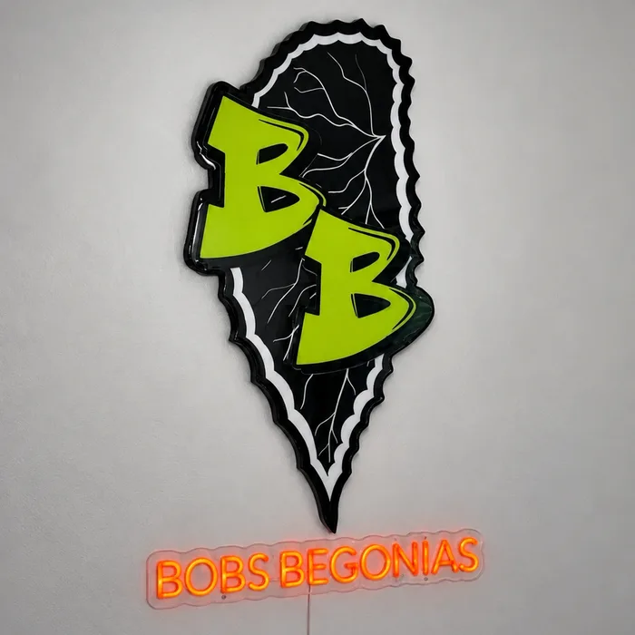 A Bobs Begonias piece, two lime green Bs on a black leaf, above an orange neon sign reading BOBS BEGONIAS