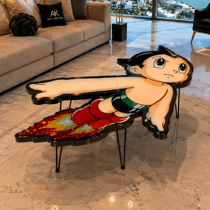 A coffee table shaped like a flying rocket boy with a red glitter flame, on black hairpin legs